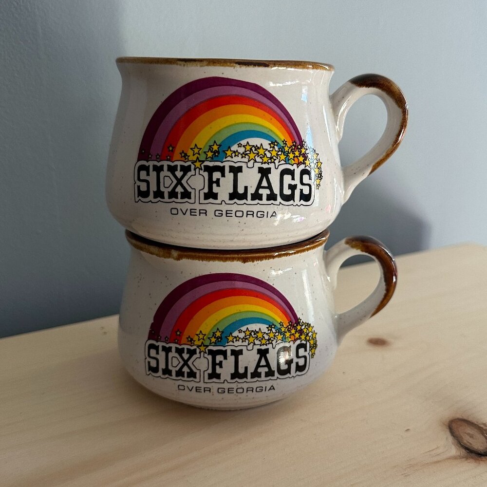 Six Flags Over Georgia | Vintage Ceramic Rainbow Soup Mug | Set of 2